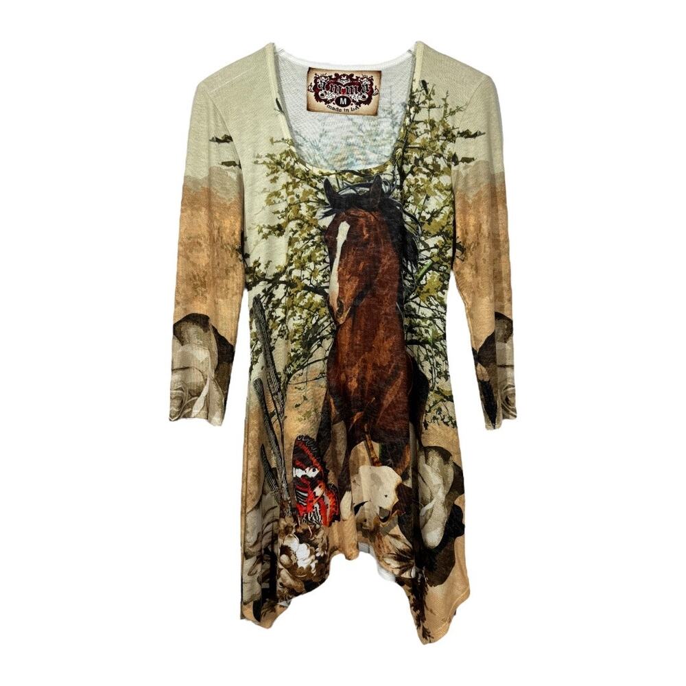 Amma Designs Horse Print Graphic Tunic Top Medium Butterfly Floral Asymmetrical